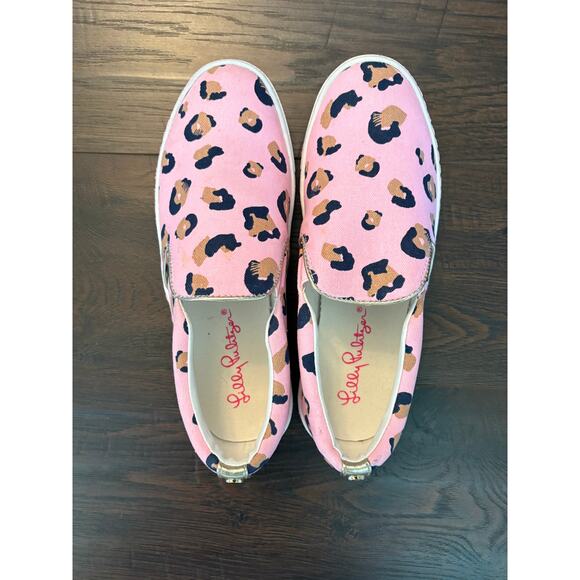Lilly Pulitzer Julie Seeing Spots Pink Blossom Leopard Canvas Slip On Size 7 - Picture 1 of 5